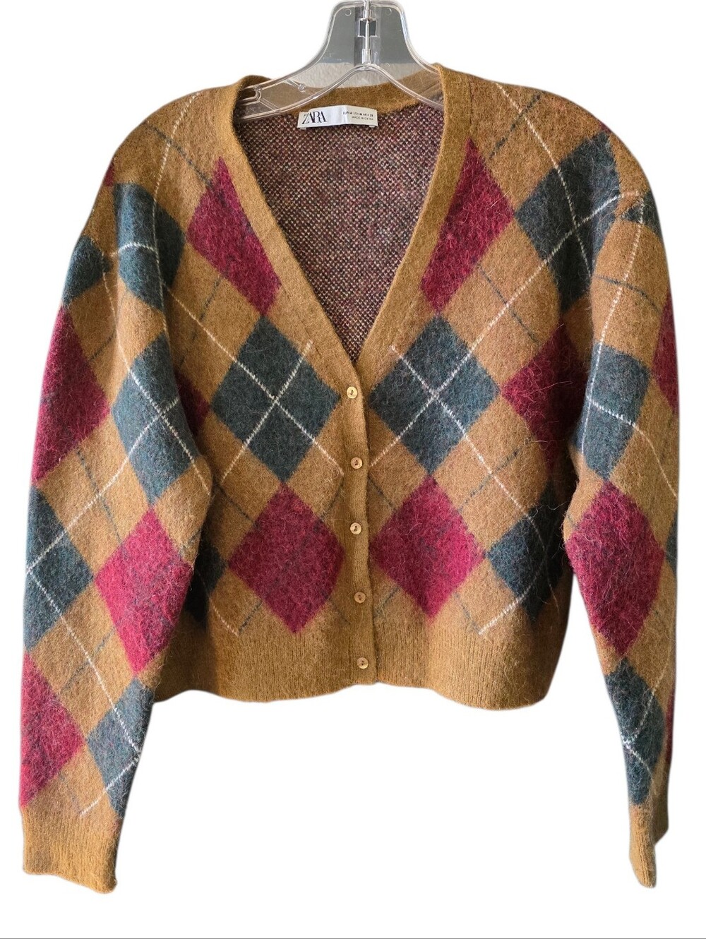 ZARA Women's Argyle V-Neck Cardigan with Green and Red Diamonds Size Medium